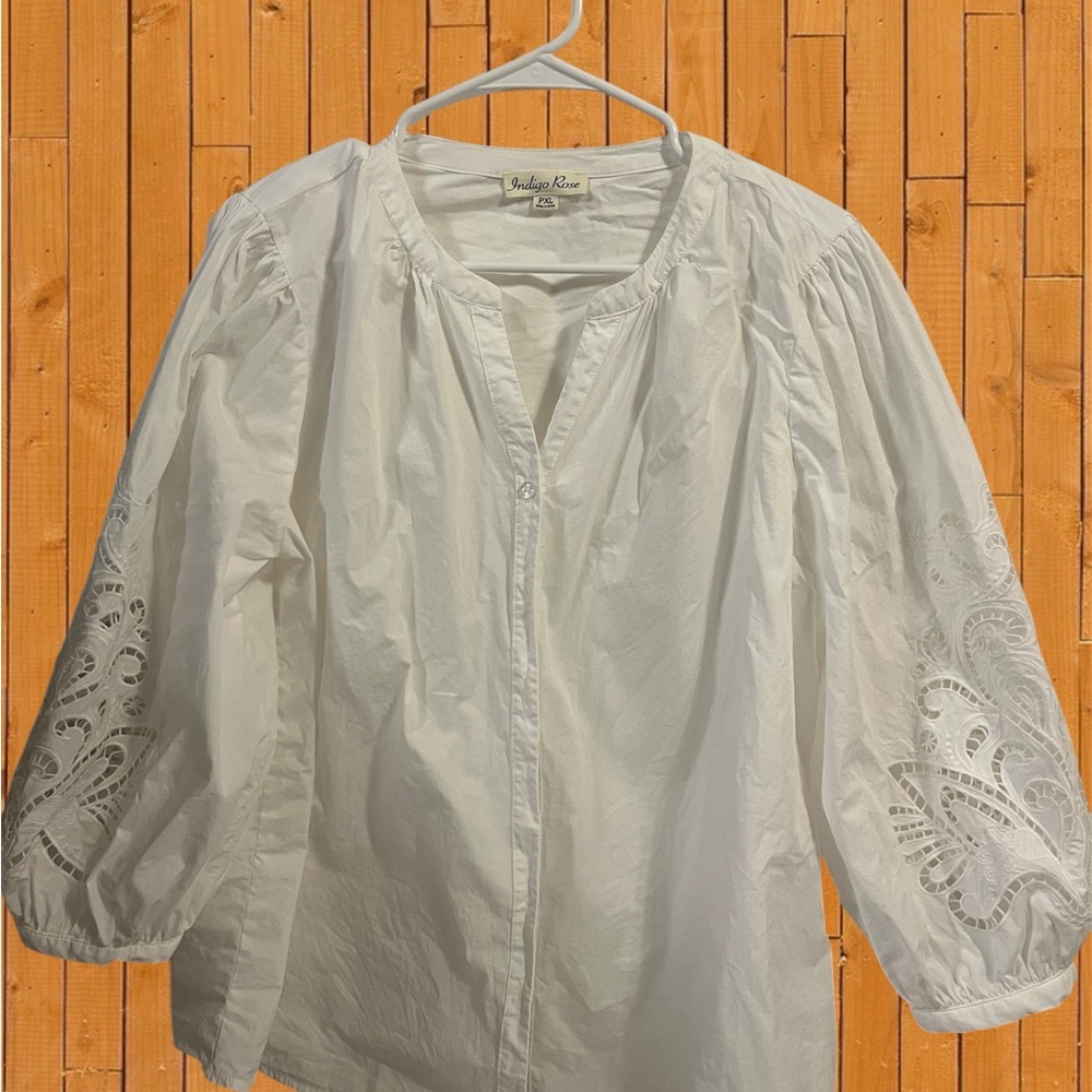 Indigo Rose White Eyelet Sleeve Cotton Blouse